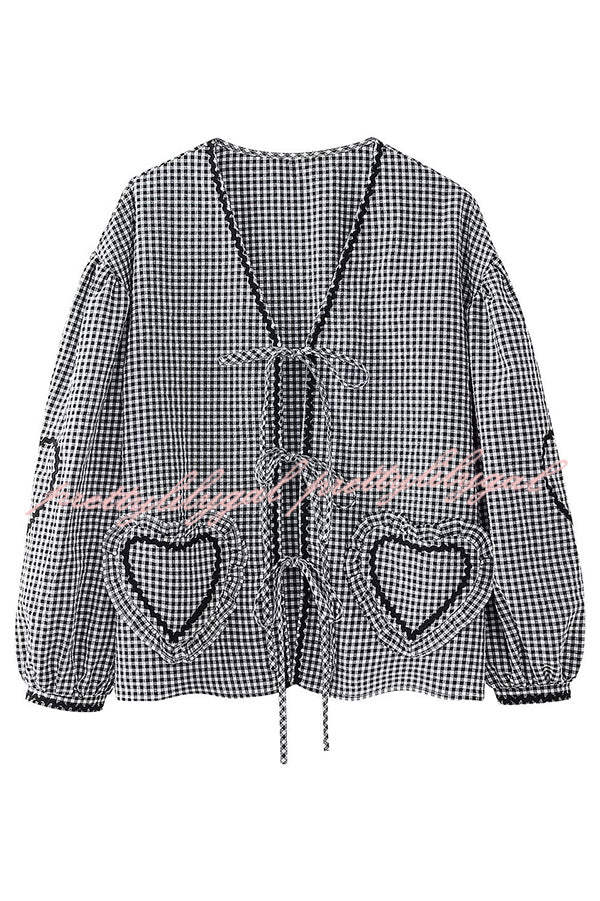 Lovely Plaid Heart Pattern Casual Lace-up Pocket Loose Shirt