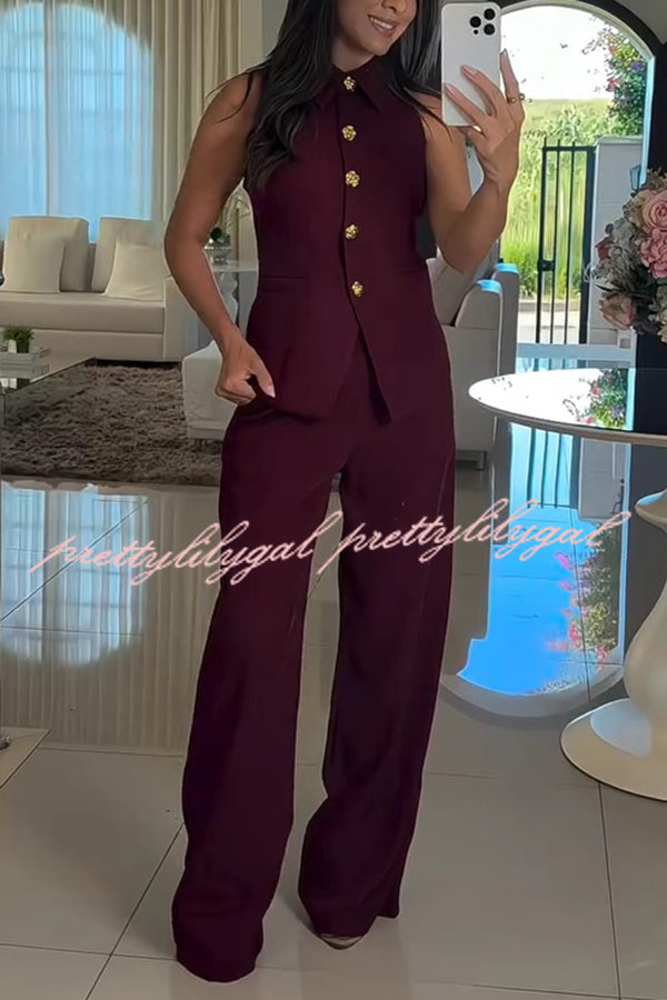 Fashion Lapel Sleeveless Button Vest and Casual Straight-leg Suit Pants Set