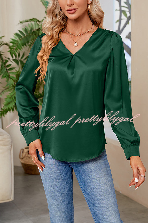 Satin Pleated V-neck Long-sleeved Loose Shirt