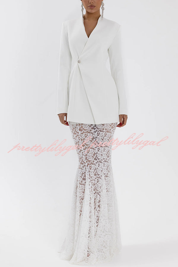 Poetic Muse Stand V-neck Rhinestone Button Up Long Sleeve Blazer