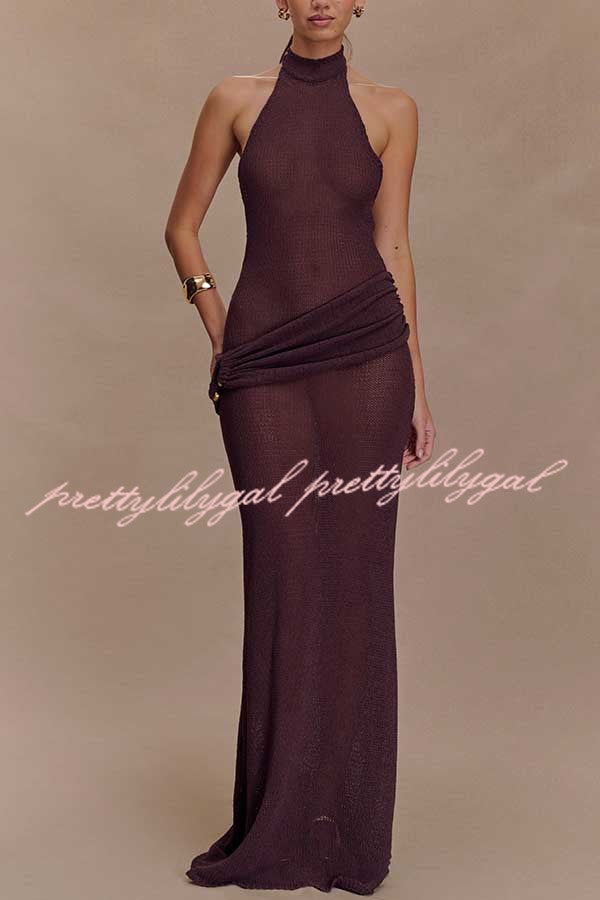 Quiet Confidence Knit Ruched Hip Halter Backless Stretch Maxi Dress