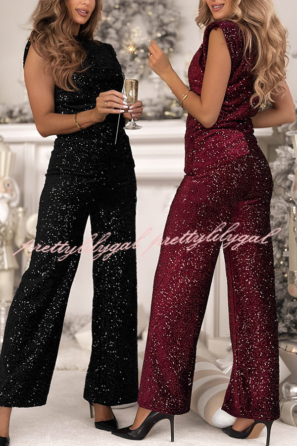 Stylish Sparkly Velvet Sequin Sleeveless Pleated Top and Casual Wide-leg Pants Set
