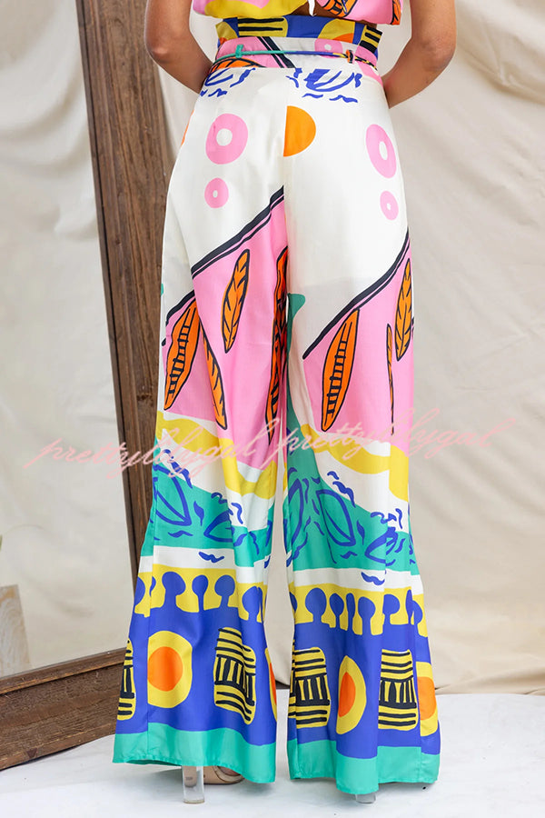 Maison Linen Blend Unique Print High Neck Top and Elastic Tie-up Waist Pocket Wide Leg Pants Set
