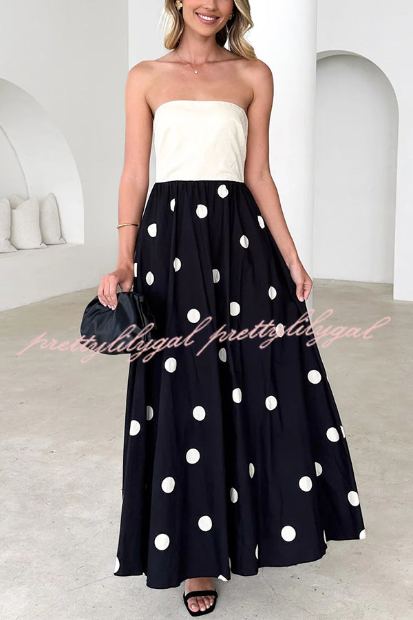 Fashion Polka Dot Print Tube Top Spliced Maxi Dress