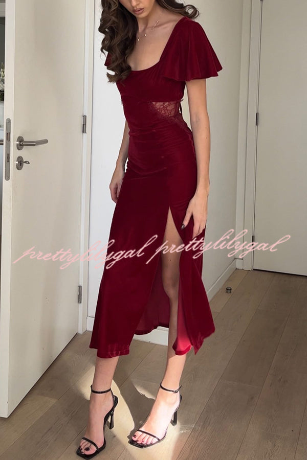 Yumi Velvet Lace Patchwork Bell Sleeve Back Lace-up Slit Midi Dress