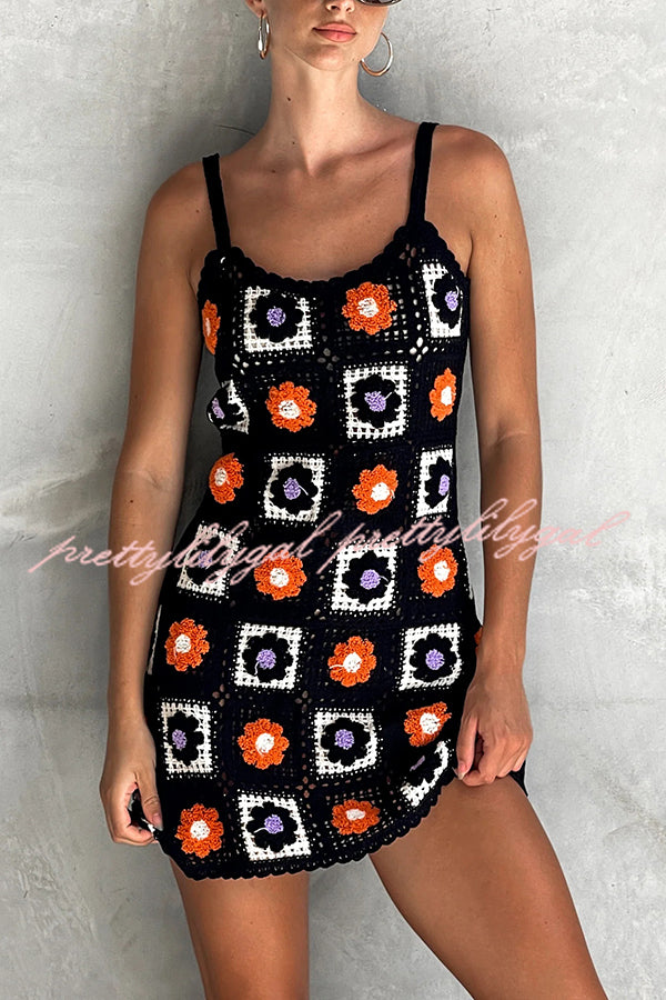 Embroidered Floral Strappy Knitted Mini Dress