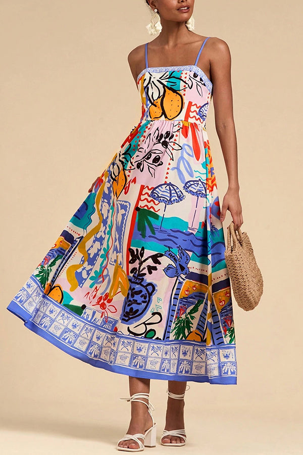 Unique Printed Sling Back Pleated Holiday Midi Dress