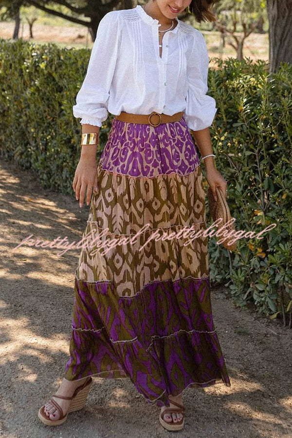 Resort Style Unique Print Elastic Waist Loose Stitching Maxi Skirt