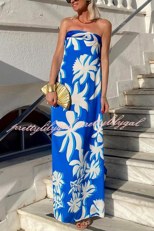 Fashion Vacation Satin Unique Print Off Shoulder Maxi Dress