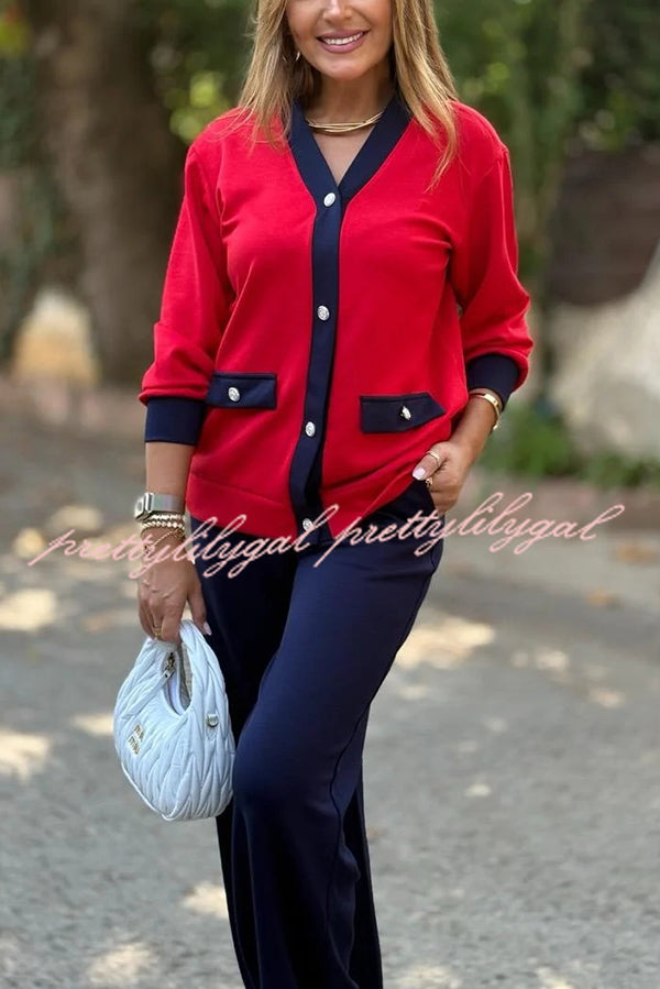 Stylish Color-blocked V-neck Knitted Button-down Cardigan and Elastic Waist Casual Wide-leg Pants Set