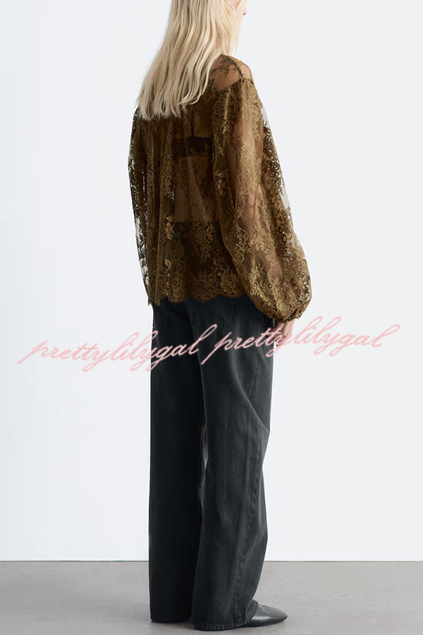 Reigna Semi-sheer Floral Lace Bow Neck Balloon Sleeve Loose Blouse