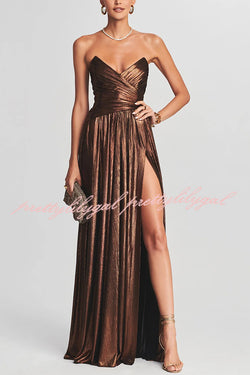 Goddess Temperament Metallic Pleated Fabric Off Shoulder Slit Maxi Dress