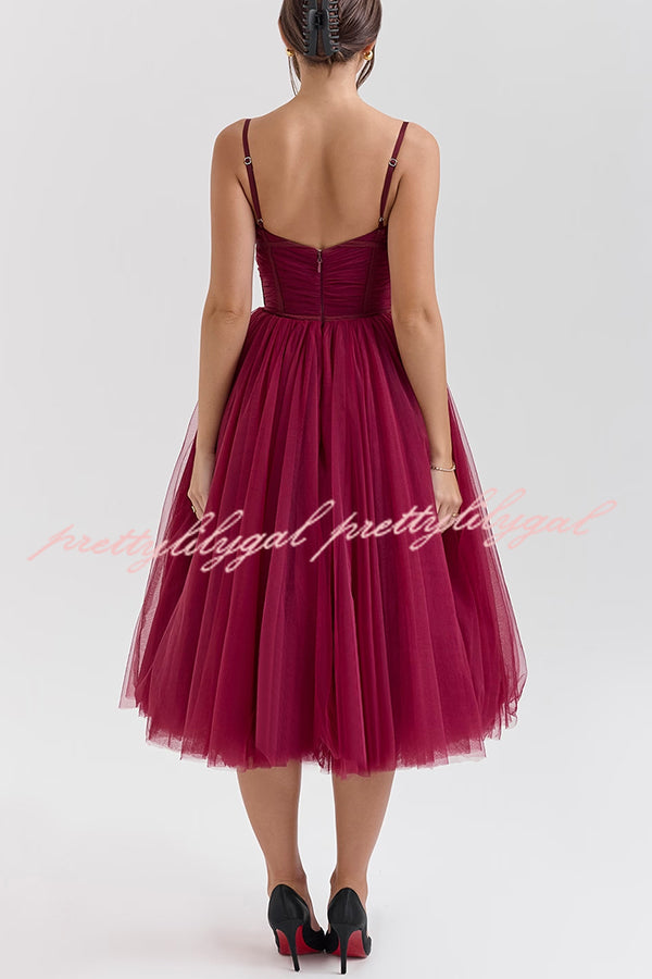 Royal Treatment Tulle Bows Detail Ruched Slip Midi Dress