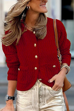 Solid Color V-neck Long-sleeved Loose Pocket Knit Cardigan