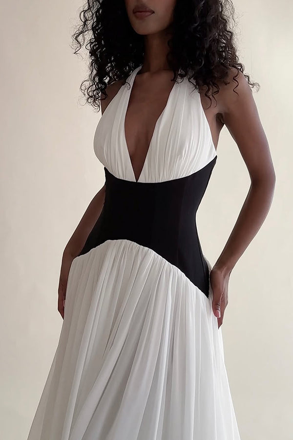 Fashionable Color Matching Sexy Halter Neck Waist Maxi Dress