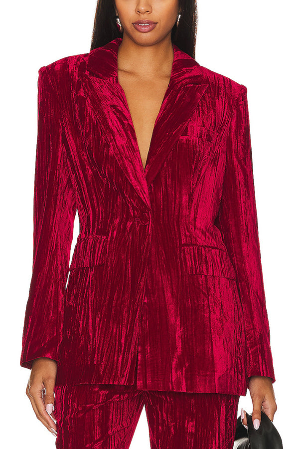 Crushed Velvet Long Sleeve Single Button Blazer