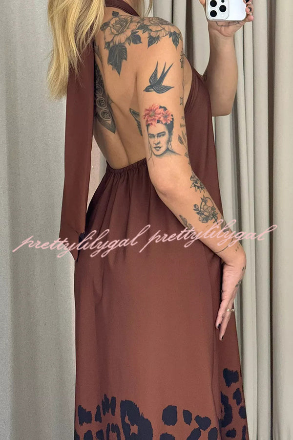Leopard Print Sexy Halter Neck Backless Loose Maxi Dress