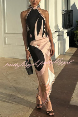 Satin Unique Print Halter Neck Backless Irregular Vacation Midi Dress