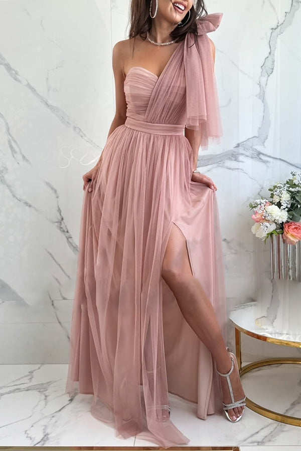 Feeling Galm Tulle Knotted One Shoulder Pleated Slit Maxi Dress