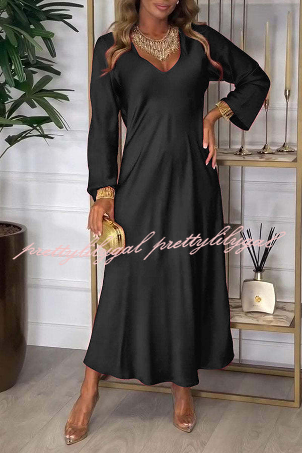 Solid Color V-neck Long-sleeved Loose Draped Maxi Dress