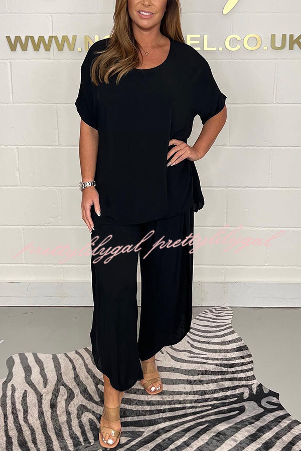 Greyson Flowy Loose Blouse and Elastic Waist Slit Pants Set