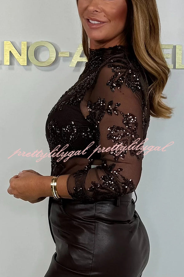 Chelsea Sheer Flower Sequin Detail Mock Neck Long Sleeve Stretch Top