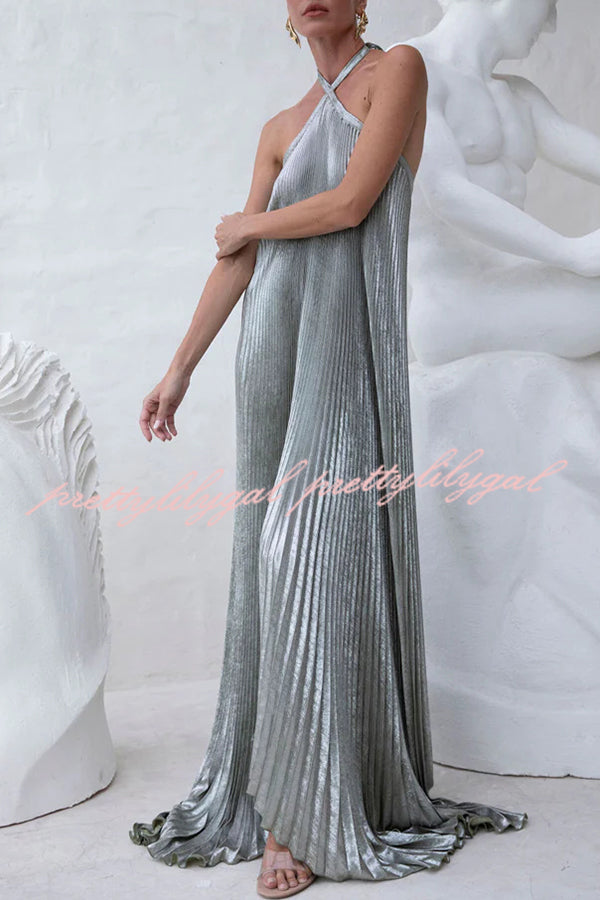 Elegant and Gorgeous Shimmer Fabric Halter A-line Maxi Dress