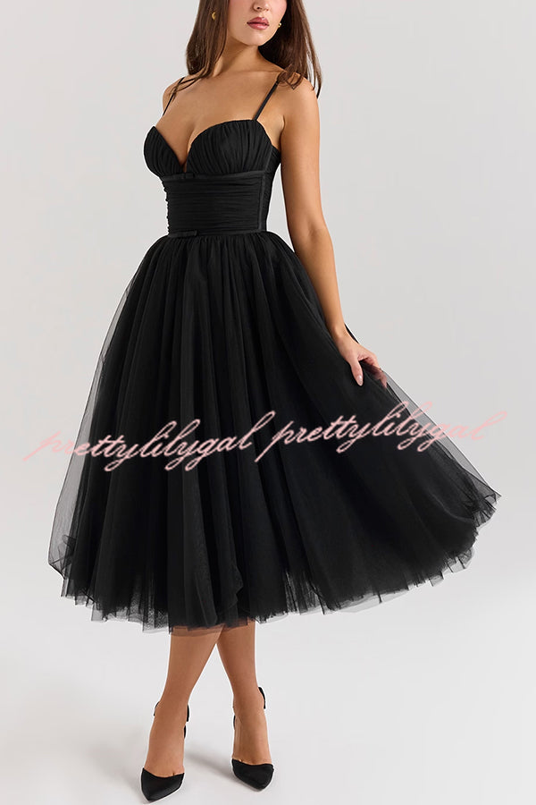 Royal Treatment Tulle Bows Detail Ruched Slip Midi Dress