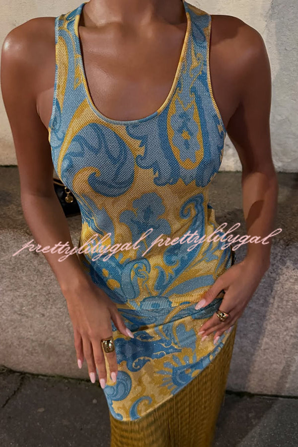 Unique Print Sleeveless Fitted Fringed Hem Maxi Dress