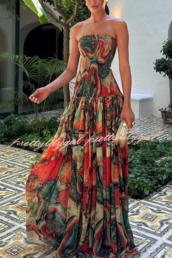 Vacay Vibes Colorful Lava Print Off Shoulder Smocked Scarf Maxi Dress
