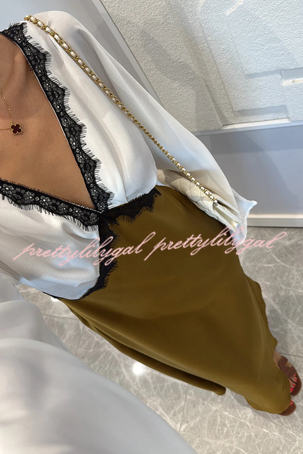 Lainei Contrast Color Satin Lace Trim V-neck Long Sleeve Maxi Dress