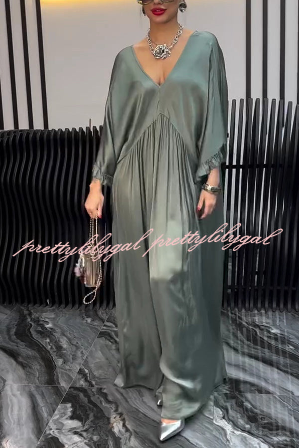 Satin Solid Color V-neck Lotus Leaf Sleeve Loose Pleated Maxi Dress