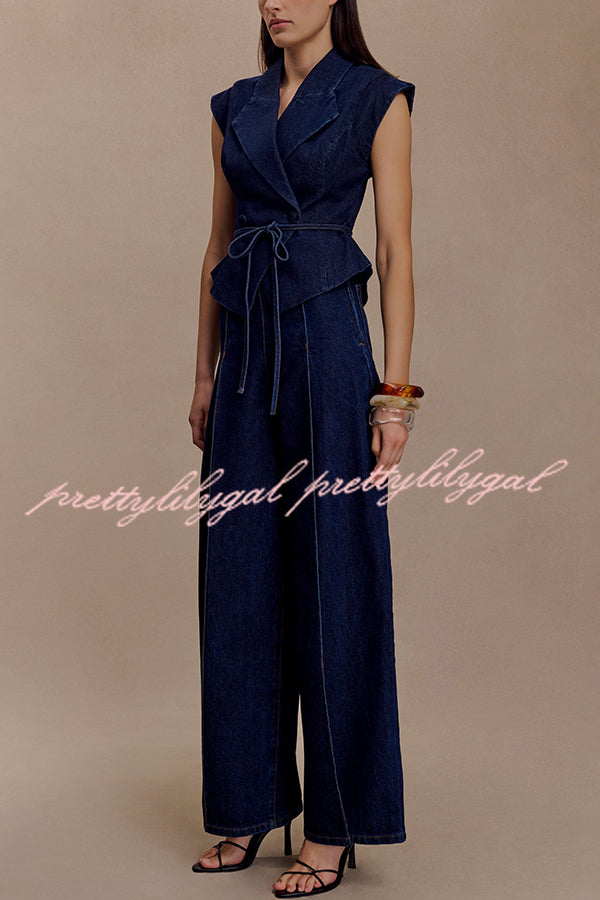 Charley Denim Button Up Cap Short Sleeve Structured Tie-up Lapel Top