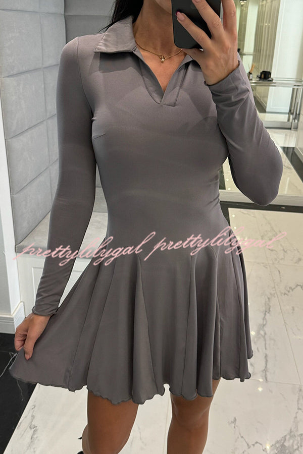 Solid Color Lapel Long Sleeve Slim Fit Waist Mini Dress