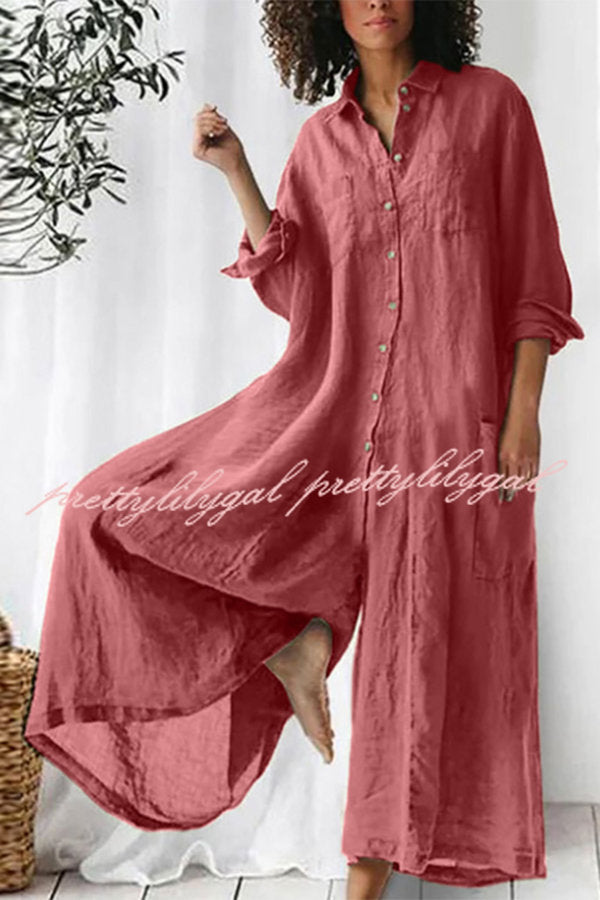 Amaris Cotton and Linen Blend Long Sleeve Loose Wide Leg Shirt Jumpsuit