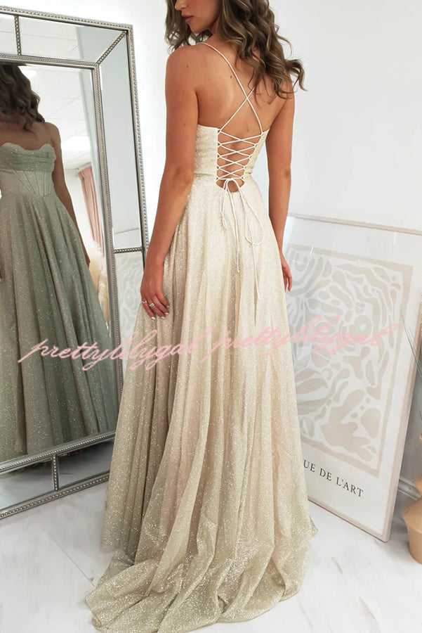 Cinderella Glitter Tulle Fabric Cowl Neck Back Lace-up Pocketed Slit Maxi Dress