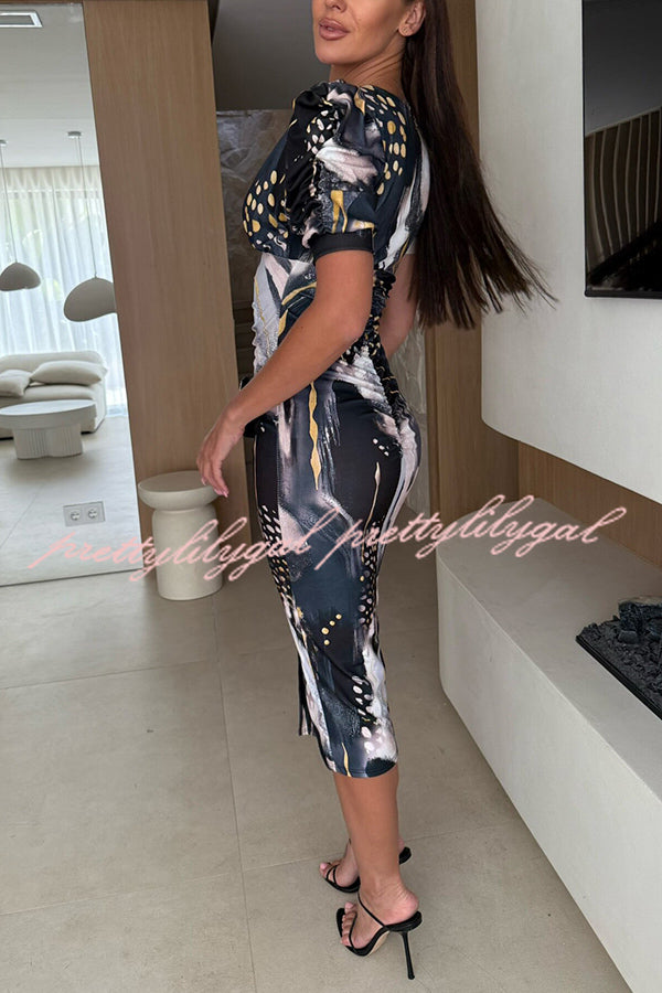 Unique Print V-Neck Puff Sleeve Slit Slim Midi Dress