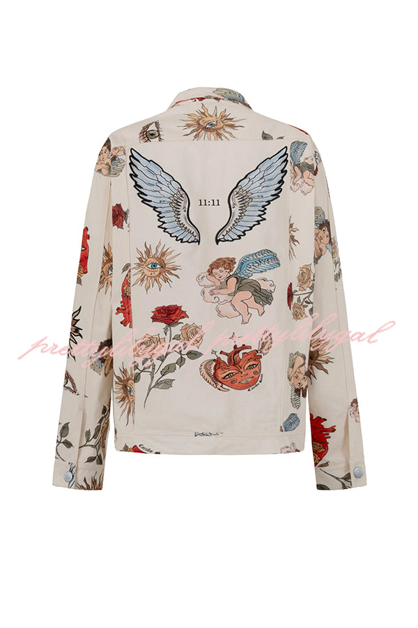 Angel Wings Denim Unique Print Button Up Long Sleeve Pocketed Relaxed Jacket
