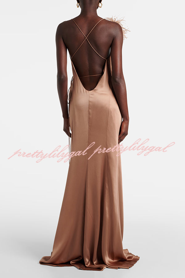 how to tie up a maxi dress with slits Celebration Night Satin Feather Trim Wrap Tie-up Slit Gown Maxi Dress –  prettylilygal