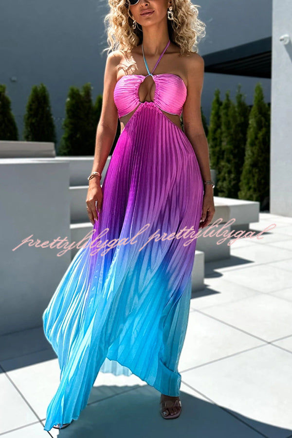 Get Ready Beautiful Gradient Print Cutout Halterneck Pleated Maxi Dress