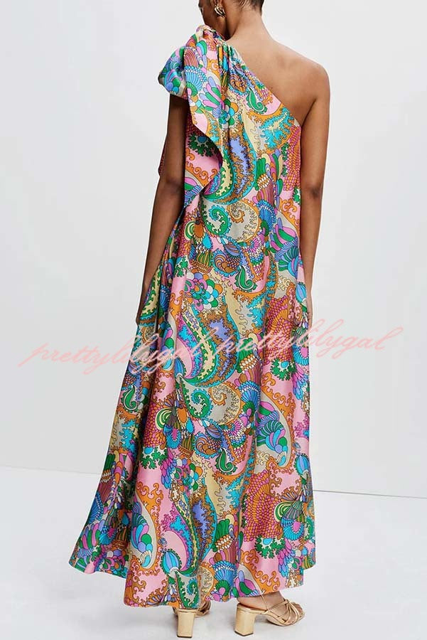 Rainbow Breeze Satin Unique Print Bow One Shoulder Loose Maxi Dress
