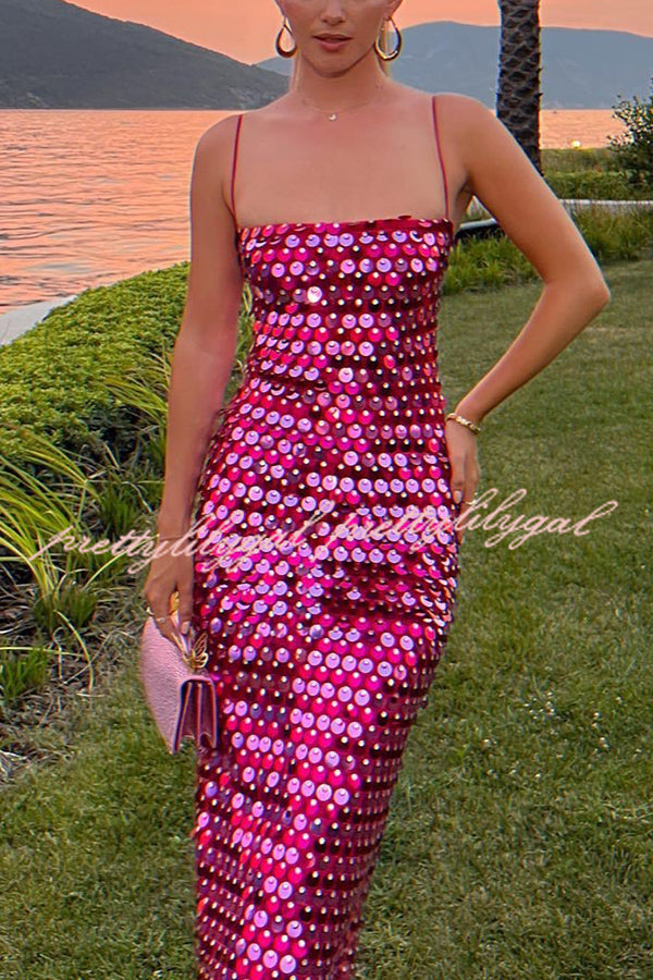 Sexy Sequined Halter-neck Backless Slim Fit Slit Midi Dress