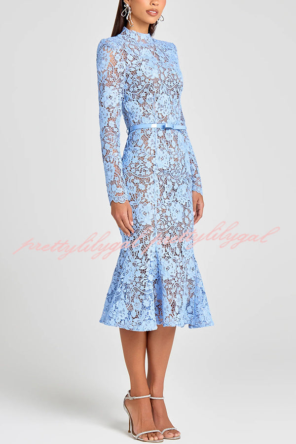 Feminine and Elegant Flower Lace Long Sleeve Bow Belted Flare Midi Dress