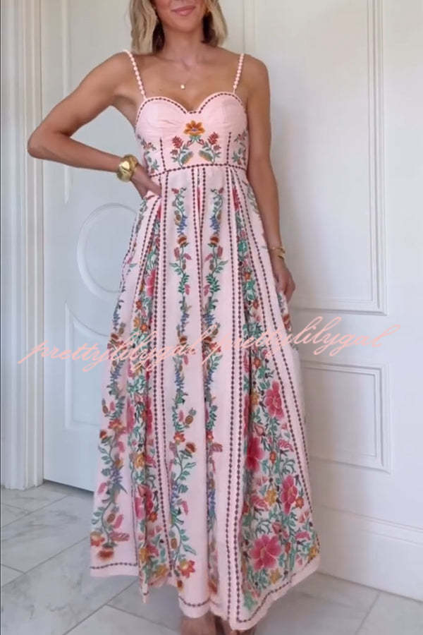 Delicate Forest Unique Print Sweetheart Neck Beaded Straps Maxi Dress