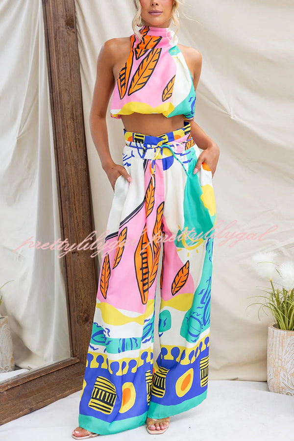 Maison Linen Blend Unique Print High Neck Top and Elastic Tie-up Waist Pocket Wide Leg Pants Set