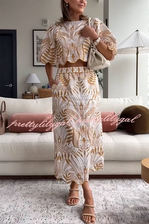 Korra Linen Blend Unique Print Wave Trim Bell Sleeve Top and Elastic Waist Pocket Midi Skirt Set