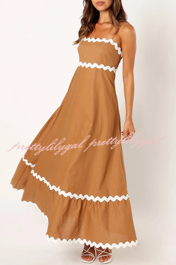 Bayside Beauty Wave Trim Patchwork Back Smocked Suspender Maxi Dress