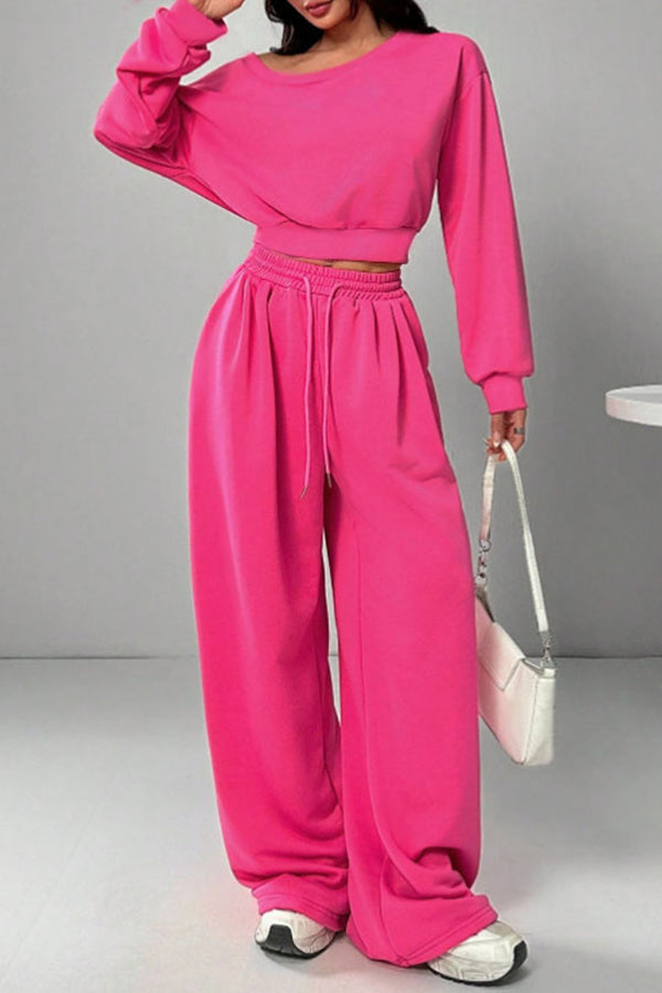 Solid Color Loose Long-sleeved Short Top and Elastic Waist Casual Pocket Wide-leg Pants Set