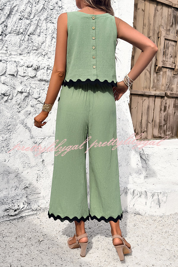 Wave Trimmed Round Neck Buttoned Elastic Waist Pants Suit