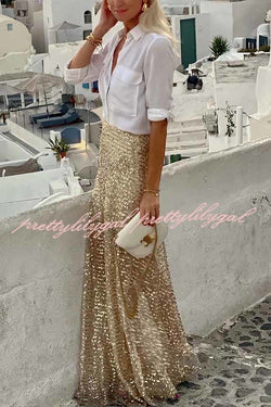 Golden Evening Sequin Elastic Waist Maxi Skirt